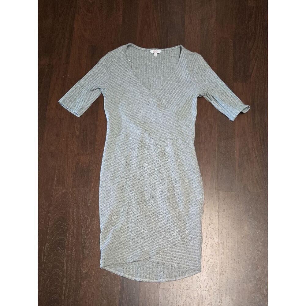 Heathered Light Gray Ribbed Wrap-Front Dress